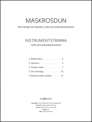 Maskrosdun : fem sånger för damkör, cello och ackordinstrument. Instrumentstämma_0