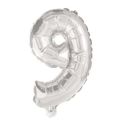 Folie ballon i sølv farve, nr 9, str: 31-33 cm_0