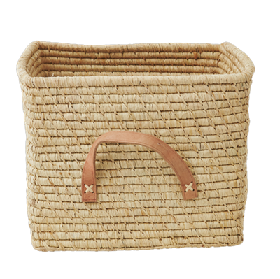 Rice - Small Square Raffia Basket with Leather Handles - Natural_0