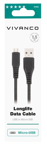 Vivanco Micro USB-kabel lang levetid 1.5m Sort   _0