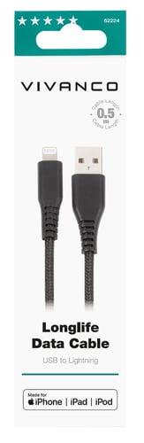 Vivanco Longlife Lightning-kabel 0.5m Sort   _0