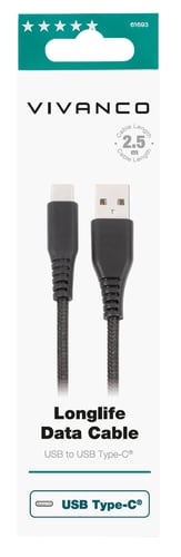 Vivanco Longlife USB-C/-A 2.0 kaapeli 2.5m Sort   _0
