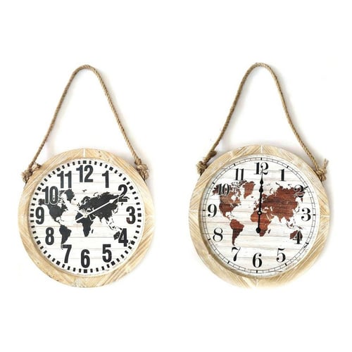 Väggklocka DKD Home Decor Svart Brun Snöre Trä MDF Världskarta (2 pcs) (50 x 4 x 50 cm)_1