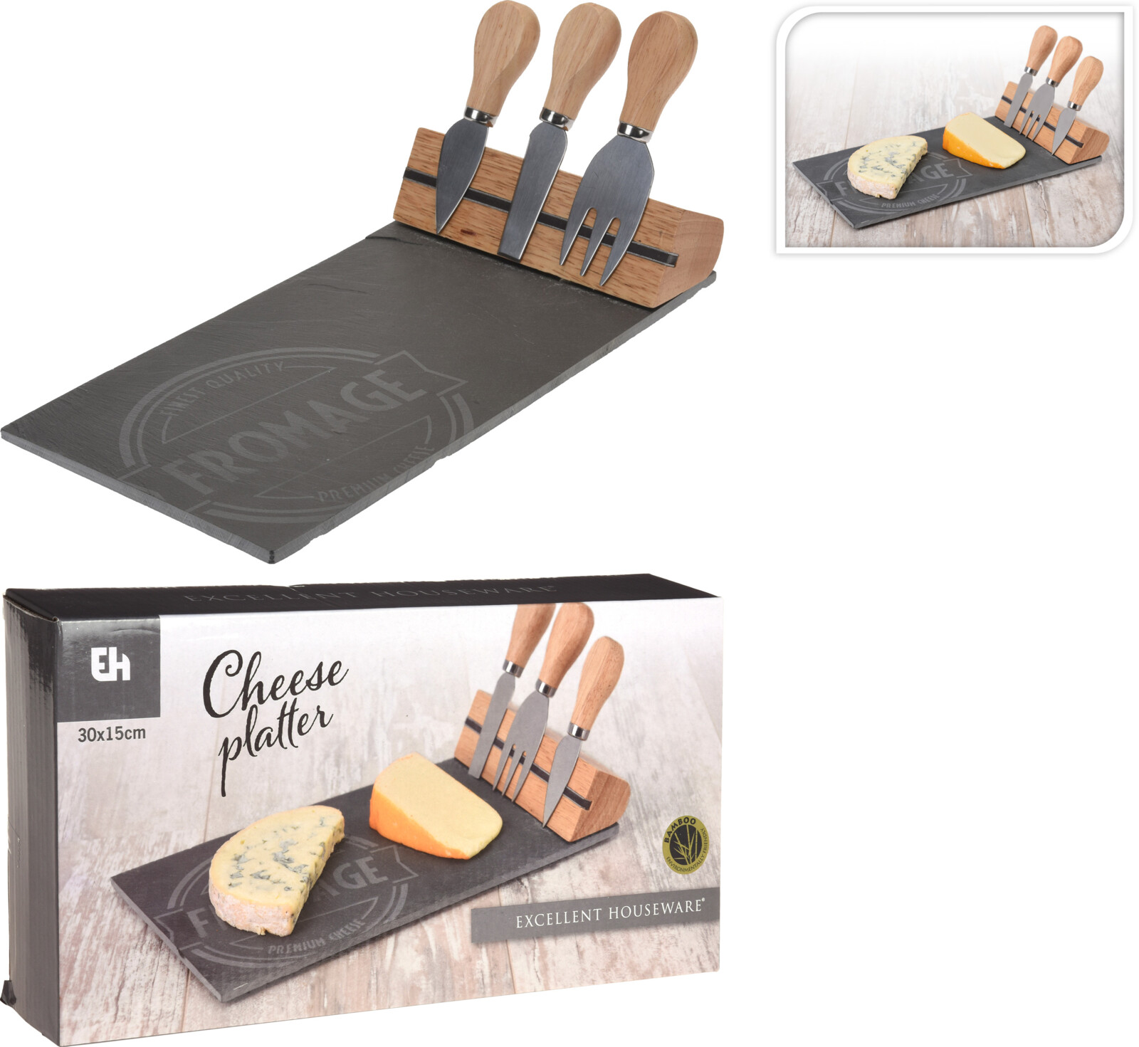 Slate cheese board with 3 stainless steel knives_0