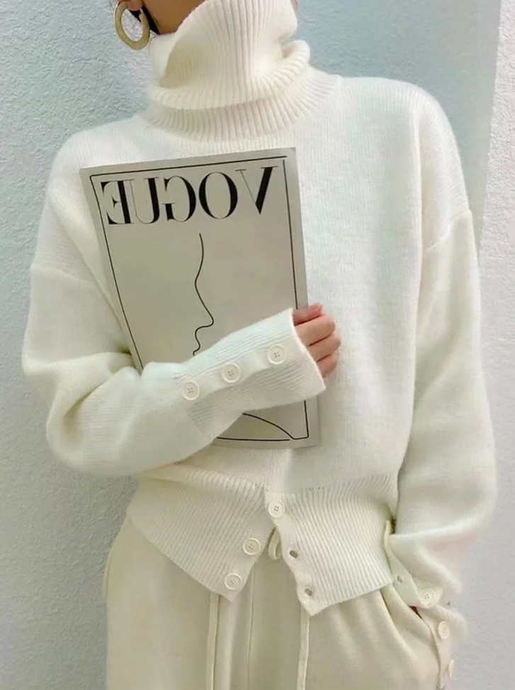 Women's Pullover Sweater Jumper Stylish Casual Solid Color Crochet Turtleneck Buttons Knitted Long Sleeve Cropped Knit Daily Holiday White Fall Winter
