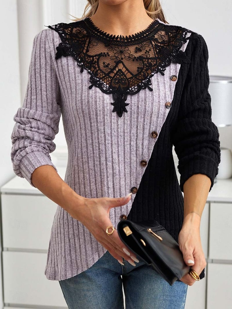 Women's Elegant Lace Tops Eyelet Blouse Stylish Modern Lace Long Sleeve Regular Tops Crew Neck Work Daily Romantic Petite Tops Summer Holiday Wear Black Gray Spring Fall Winter