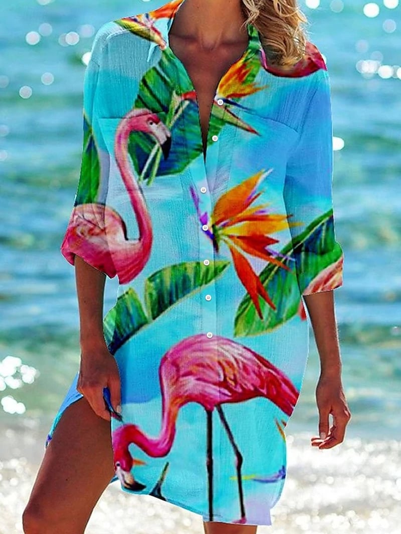 Women's Hawaiian Shirts Blouse Flowy Tops Blue Green Animal Floral Pocket Print Long Sleeve Holiday Casual V Neck Long Tops Summer Holiday Clothes Beach Wear