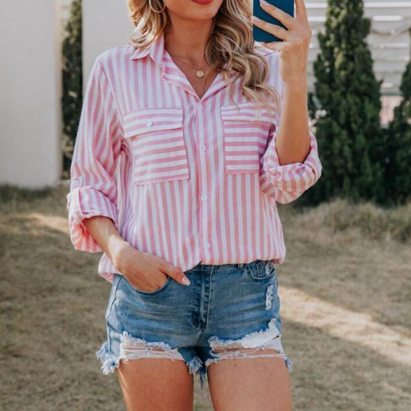 Women's Shirt Blouse Striped Button Pocket Print Office Work Business Streetwear Casual Long Sleeve Shirt Collar Black Spring Fall