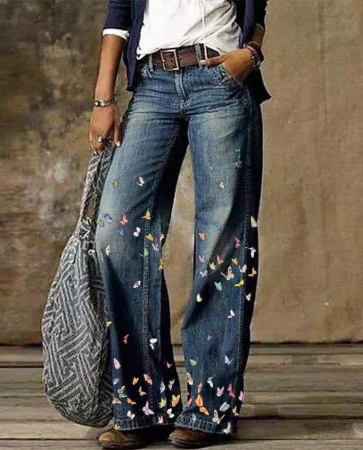 Women's Normal Jeans Flared Pants Bell Bottom 3D Print Full Length Mid Waist Flower / Floral Side Pockets Wide Leg Print Comfort High Elasticity Casual 1 2 14 16 Summer Spring & Fall Loose Fit