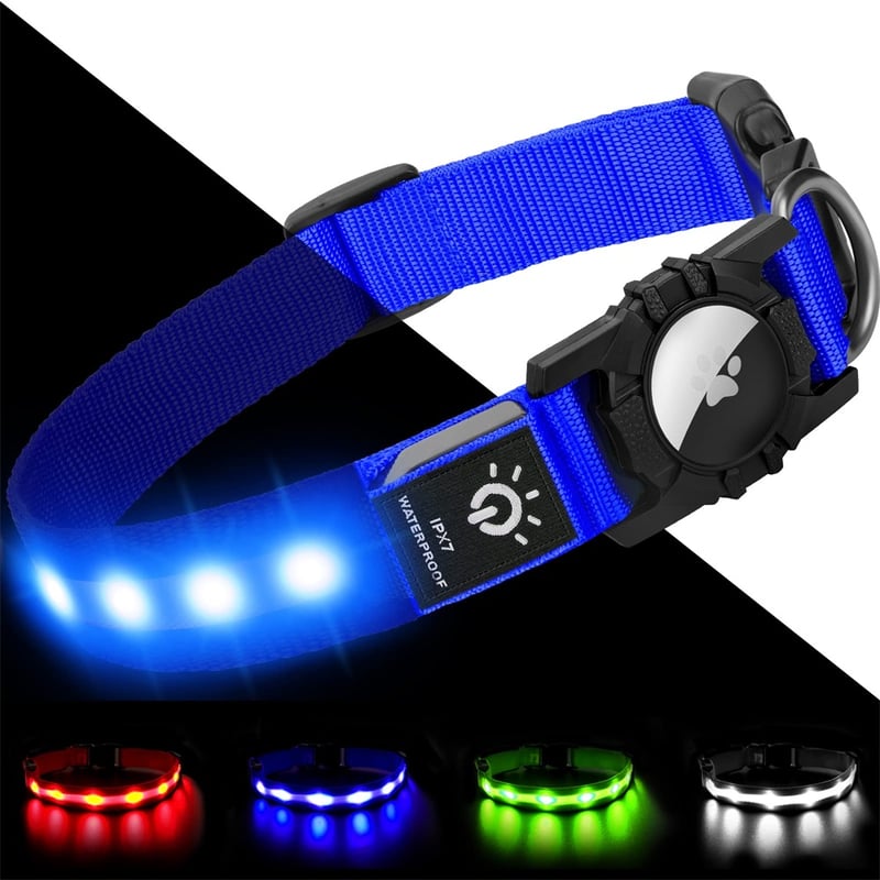 Light Up Dog Collar IPX7 Waterproof LED Flashing for Airtag Pet Collars for Dark Night Walking USB C Rechargeable Glow Nylon Collar with Air Tag Holder for Puppies Small Dogs Blackwithout Airtag