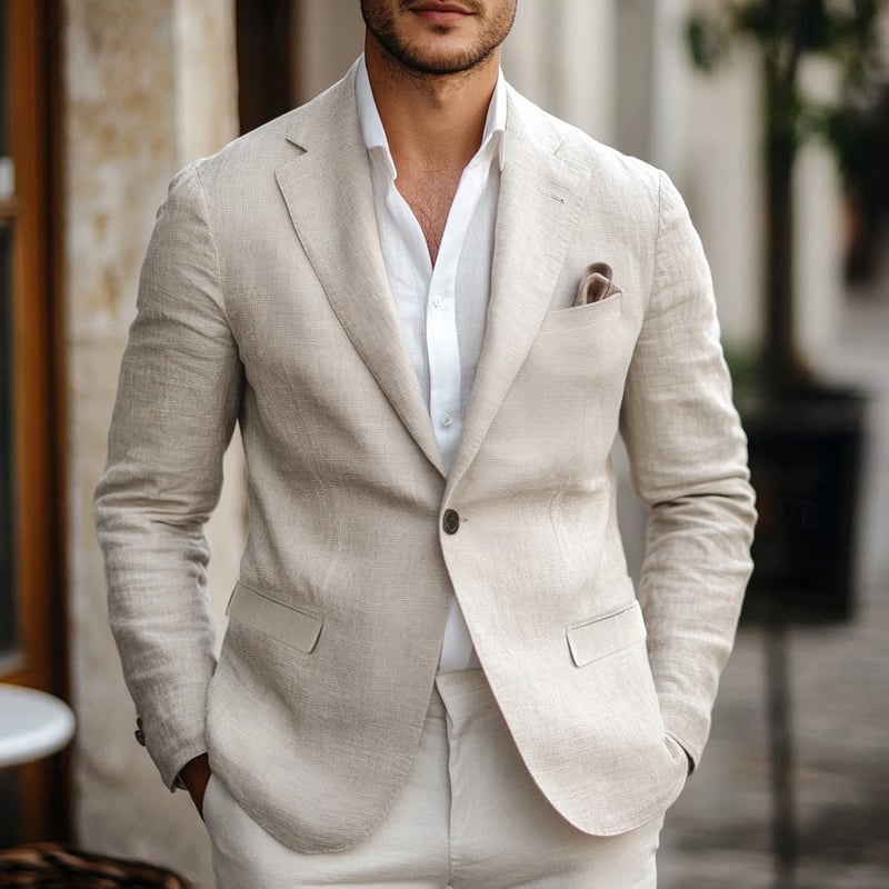Men's Linen Blazer Sport Coat Beige Cotton Blend Outdoor Work Daily Pocket Fashion Spring & Fall Solid Color Button Pocket Single Breasted Blazer