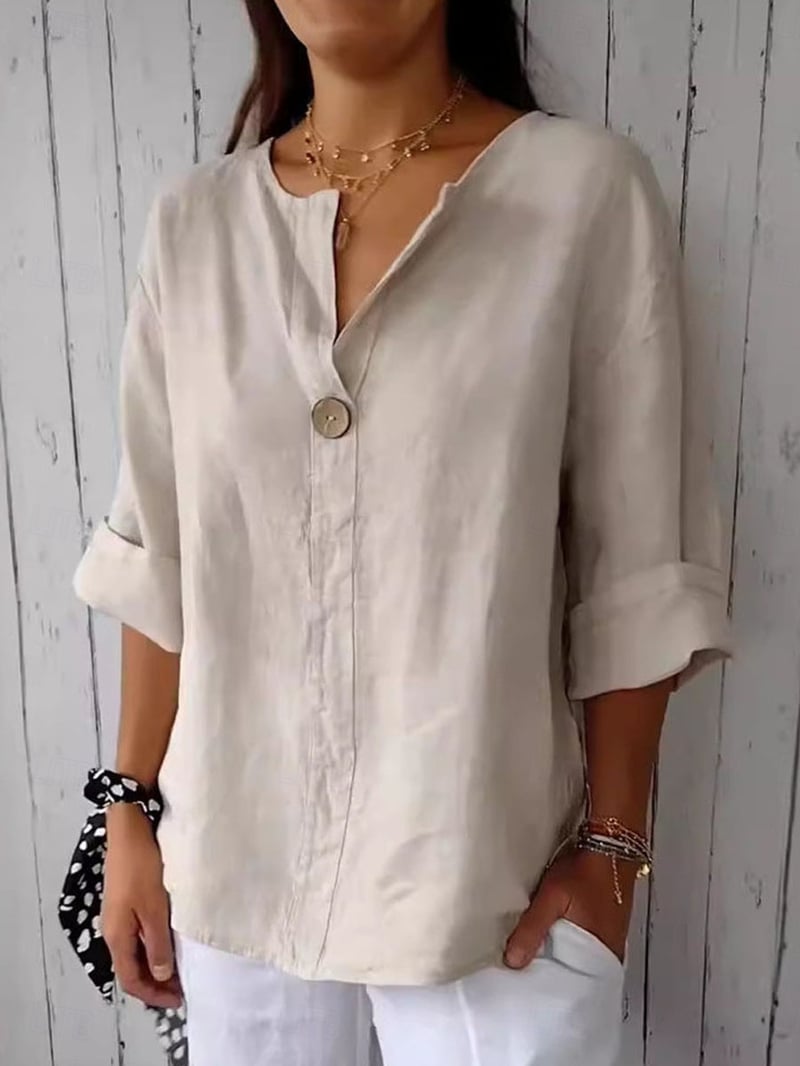 Women's Shirt Blouse Basic Casual Solid Color Regular Tops Long Sleeve Crew Neck Buttons Regular Fit Daily White Beige Spring & Fall