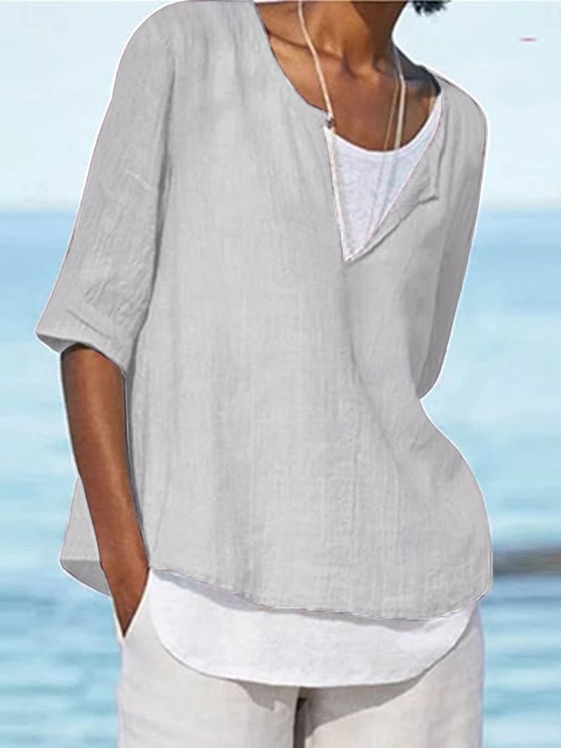 Women's Shirt Blouse Basic Casual Solid Color Regular Tops 3/4 Length Sleeve Crew Neck Patchwork Regular Fit Daily Blue Gray Fall Winter