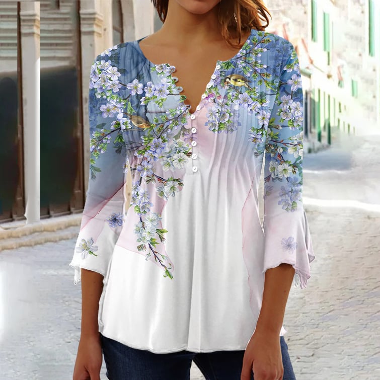 Women's Shirt Henley Shirt Blouse Streetwear Casual Floral Regular Tops 3/4 Length Sleeve Round Neck Buttons Print Regular Fit Holiday Weekend Blue