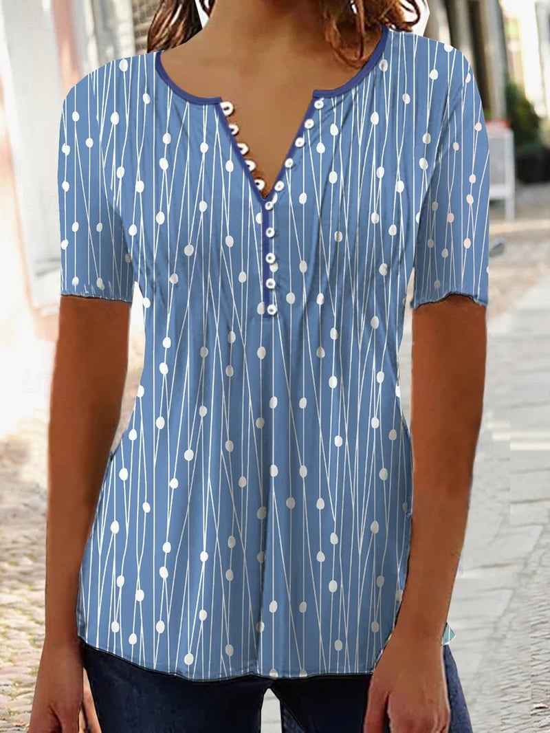 Women's Shirt Henley Shirt Blouse Tunic Basic Polka Dot Striped Regular Tops Short Sleeve Round Neck Buttons Print Regular Fit Casual Red Blue Green Grey