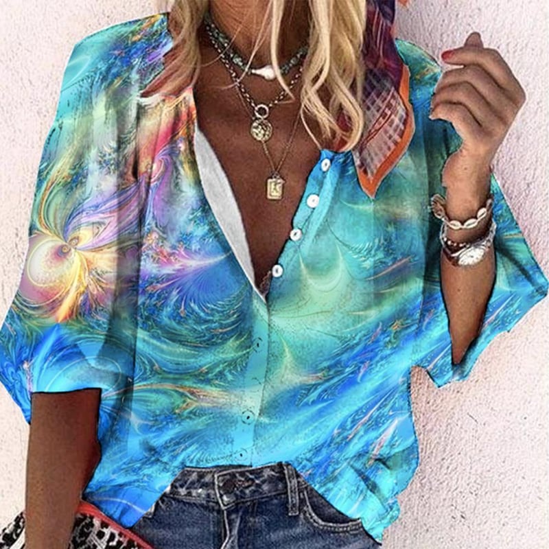 Women's Shirt Blouse Daily Basic Floral Buttons Print Long Sleeve Regular Tops V Neck Casual Holiday Blue Green Fall & Winter