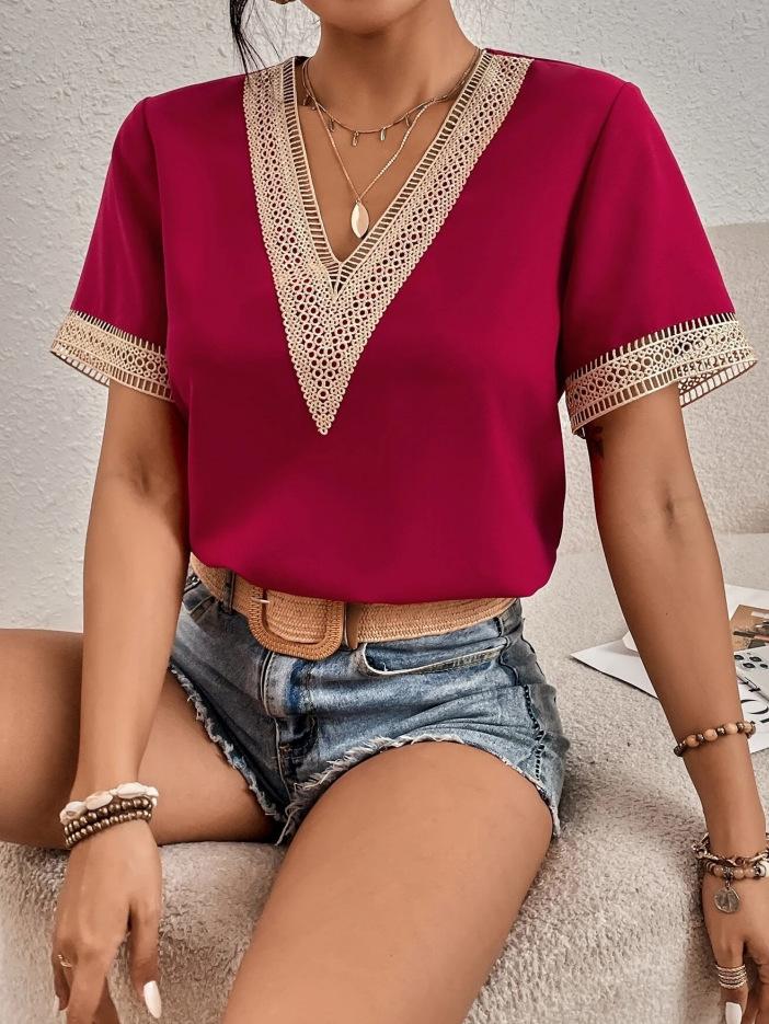 Women's White Elegant Lace Tops Eyelet Blouse T Shirt Burgundy Tee Plain Regular Tops Short Sleeve V Neck Regular Fit Daily Weekend Romantic Petite Tops Summer Holiday Wear Black White Wine