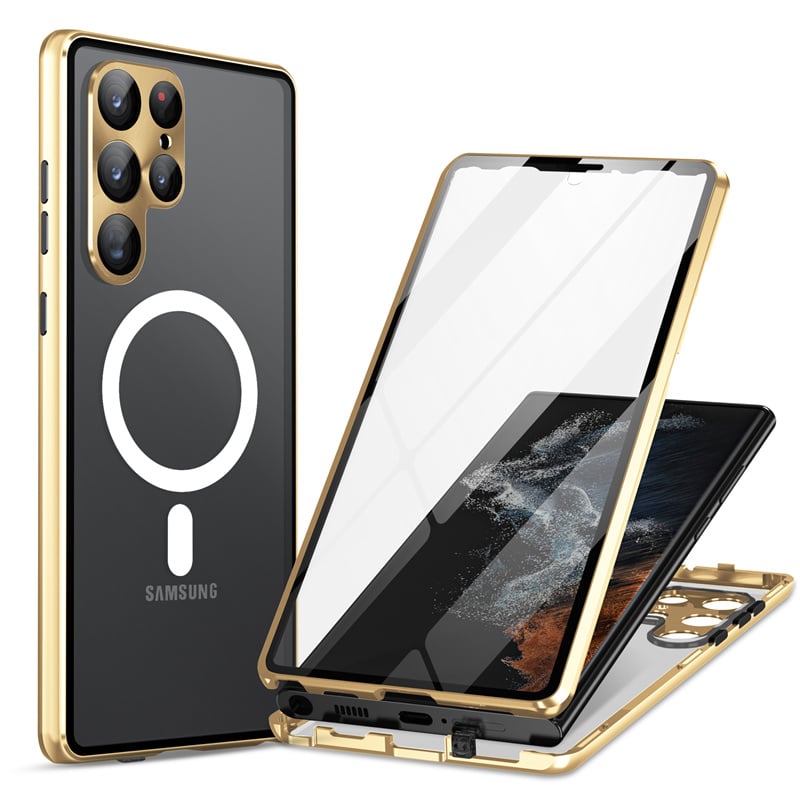 Phone Case For Samsung Galaxy S24 S23 S22 S21 Ultra Plus S25 Ultra Full Body Case Magnetic Adsorption With Magsafe Portable Flip Clear Transparent Solid Colored Aluminum Alloy Plastic