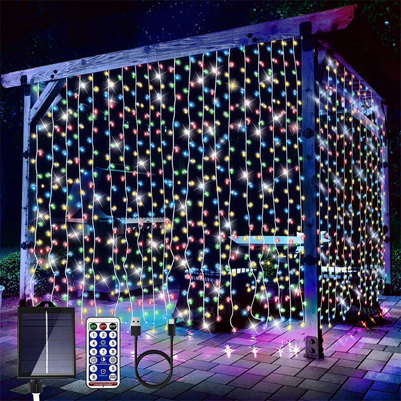 300LEDs Solar Curtain Lights Outdoor Indoor Solar String Lights Outdoor Waterproof Fairy Window Lights Twinkle Lights 8 Modes Christmas Decoration for Home Garden Patio Wedding Party