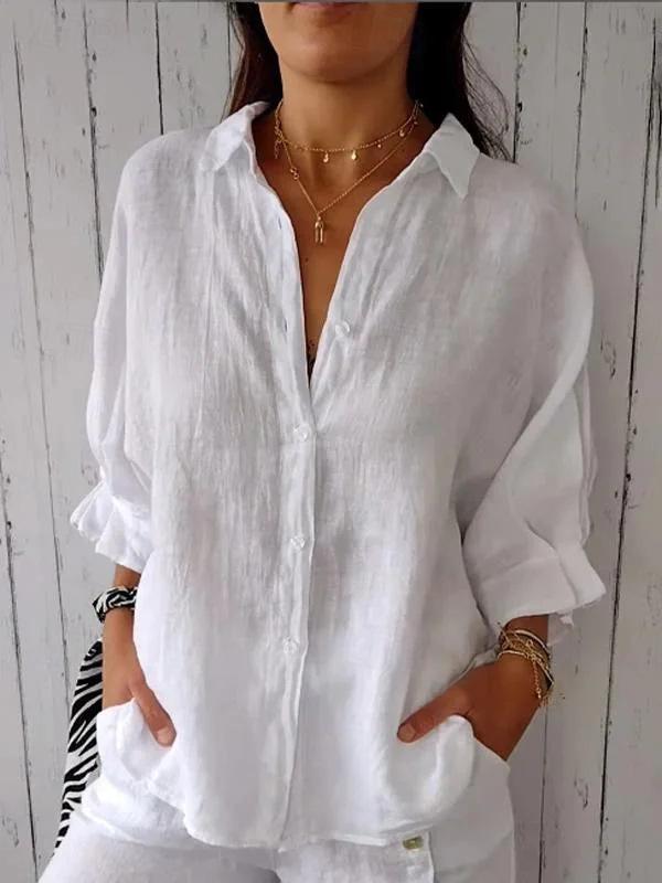 Shirt Blouse Women's Black White Pink Plain Button Street Daily Fashion Shirt Collar Cotton Linen Regular Fit S