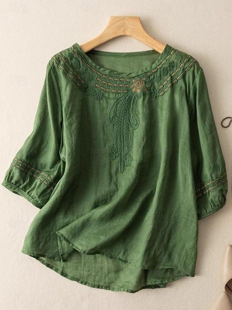 Women's Shirt Blouse Basic Casual Solid Color Regular Tops 3/4 Length Sleeve Crew Neck Lace Patchwork Regular Fit Daily Black Yellow Pink Green Summer