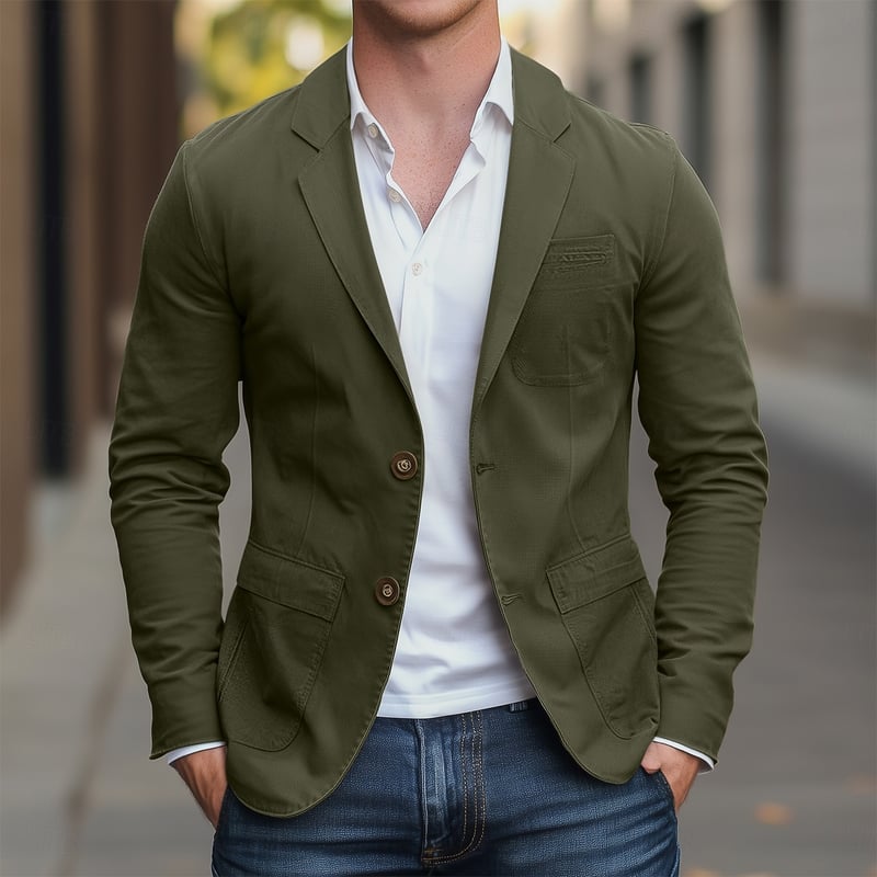 Men's Blazer Outdoor Casual Pocket Fashion Casual Spring & Fall Cotton Polyester Plain Pocket Casual / Daily Single Breasted Blazer Black Army Green