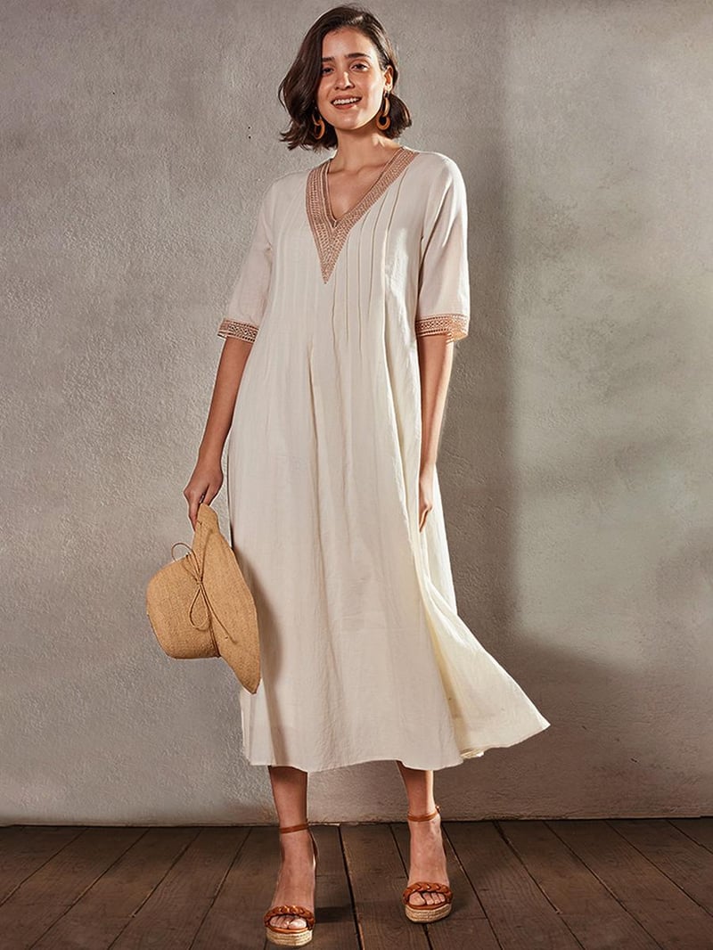 Women's Casual Dress Cotton Linen Dress Swing Dress Midi Dress Patchwork Basic Daily V Neck Half Sleeve Summer Spring Apricot Plain