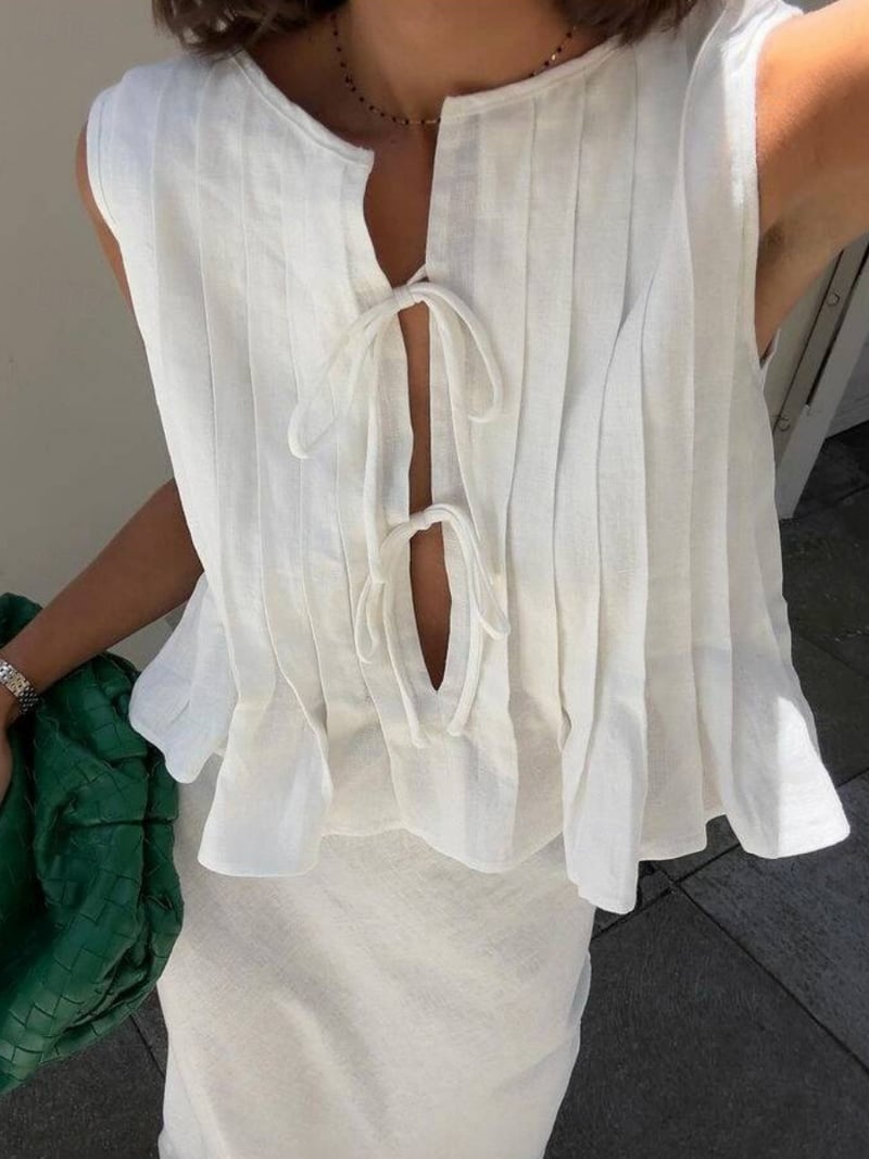 Women's Cotton Linen Shirt Basic Casual Solid Color Regular Tops Sleeveless Crew Neck Ruffle Regular Fit Daily Black White Red Summer Spring