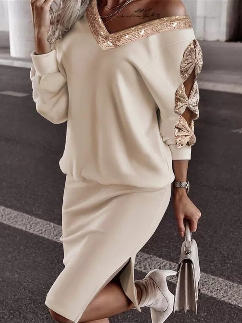 Women's Sequin Dress Mini Dress Sequins Patchwork Casual V Neck Long Sleeve Apricot Color