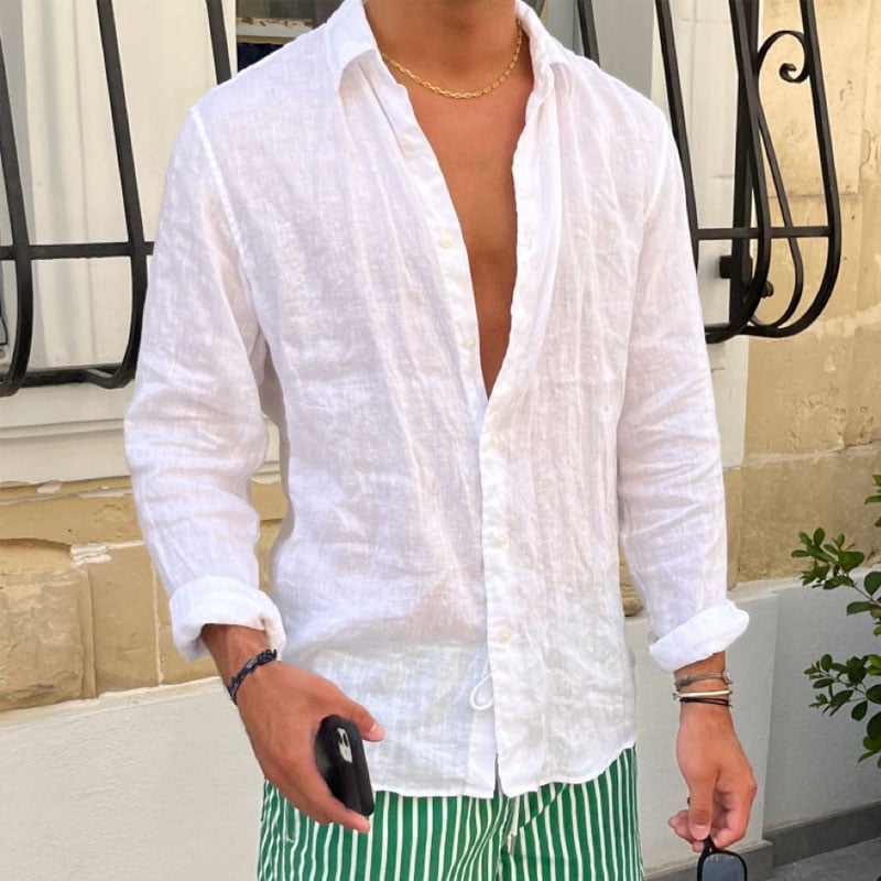 Men's Shirt Linen Shirt Summer Shirt Beach Shirt Plain Casual Daily Black White Pink Royal Blue Long Sleeve Lapel Spring & Summer Clothing Apparel