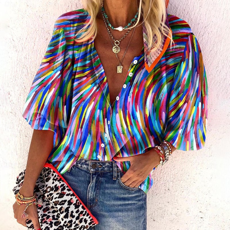 Women's Shirt Blouse Basic Buttons Print Long Sleeve Regular Tops Casual Blue Rainbow Spring Fall