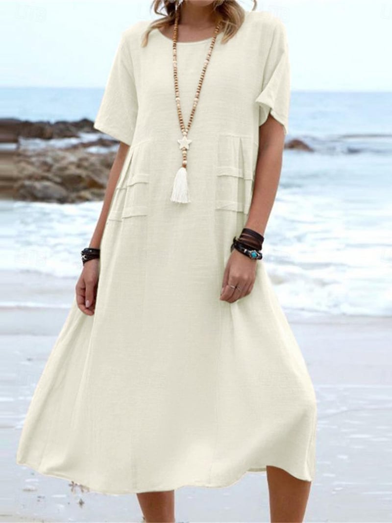 Women's Casual Dress Loose Dress Cotton Summer Dress Midi Dress Linen Basic Daily Vacation Beach Crew Neck Short Sleeve Summer Spring Loose Fit