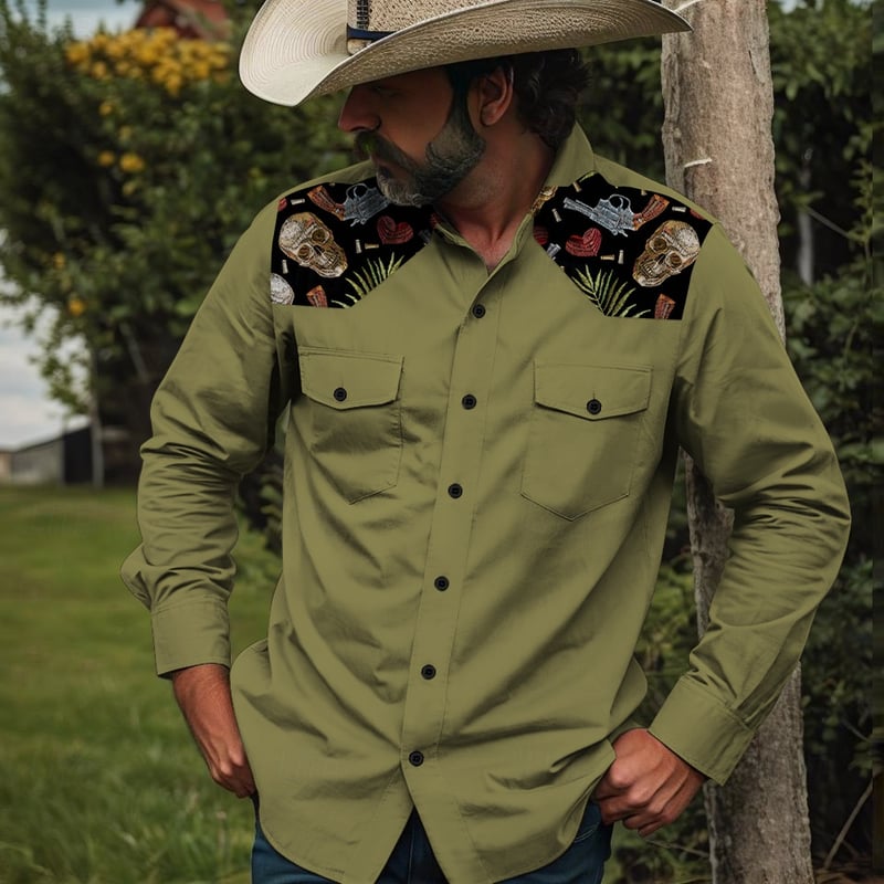 Men's Pistol Cowboy Skulls Western Shirt Button Up Shirt Cowboy Shirt Long Sleeve Vintage Western Daily Holiday Fall Winter Spring & Summer Turndown Collared Shirts 3D Print Army Green Blue Orange