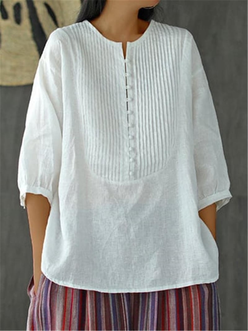 Shirt Blouse Women's Black White Plain Button Daily Basic Modern Round Neck Regular Fit M