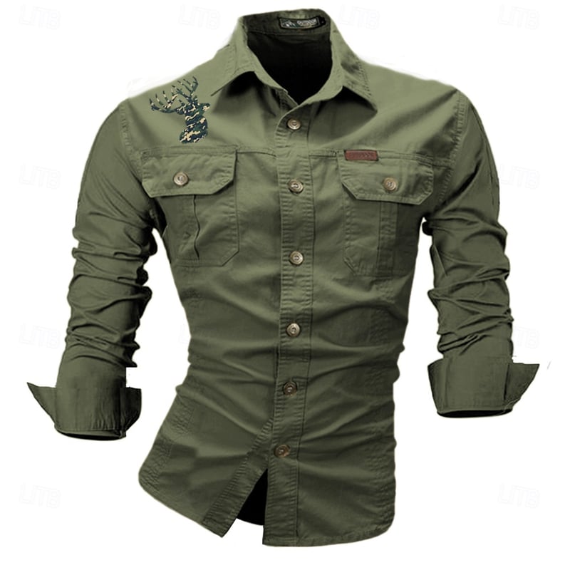 Men's Deer Work Shirt Western Shirt Cargo Shirt Long Sleeve Casual Sports & Outdoor Going out Winter Spring & Fall Turndown Print Black White Army Green Red Blue