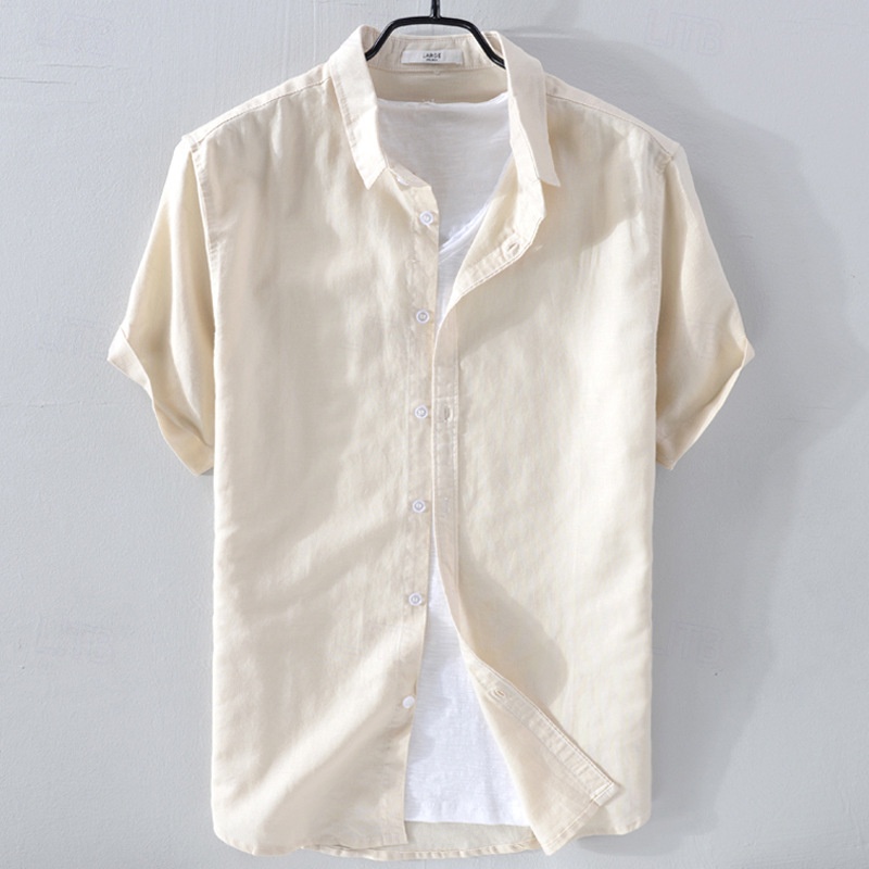 Men's Shirt Linen Shirt Casual Shirt Cotton Shirt Plain Street Hawaiian White Sky Blue Dark Blue Apricot Short Sleeve Turndown Summer Clothing Apparel Button-Down