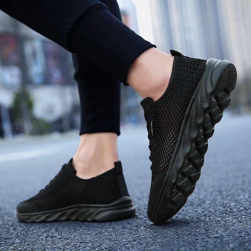 Shuangxingbate Men's Sports Shoes, Summer Breathable Mesh Lightweight Casual Shoes, Versatile Travel Shoes, Men's Running Shoes, All Black, Size 44_0