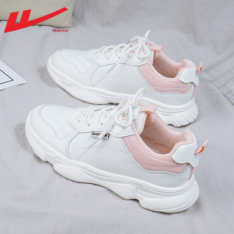 Warrior Official Sports Shoes for Women, Autumn Leather Running Shoes, Dad Shoes, Lightweight White Sneakers for Women, White And Pink Leather, Size 36_0