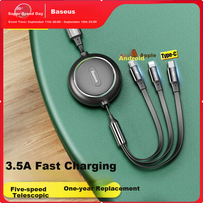Baseus 3-in-1 Retractable Fast Charging Cable for iPhone & Android