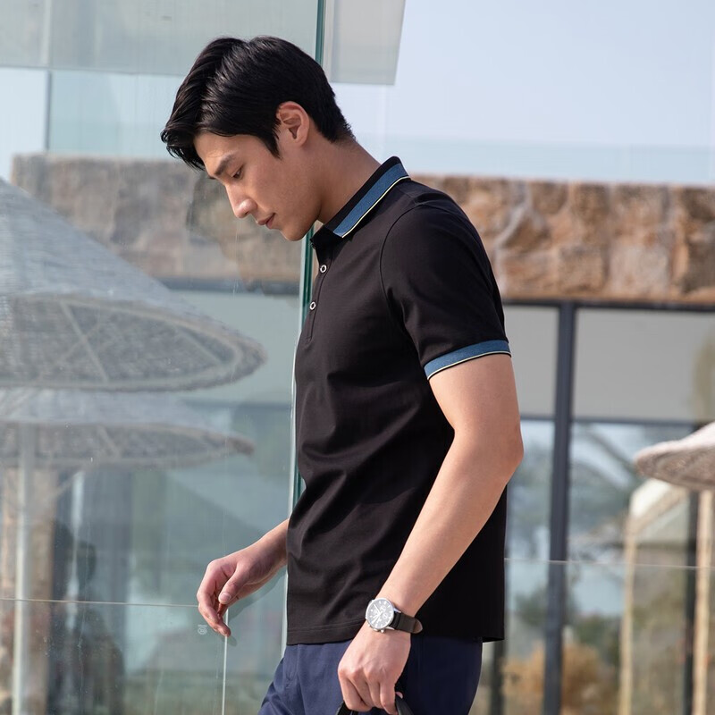 YOUNGOR Men's Short-Sleeve Polo Shirt S Black