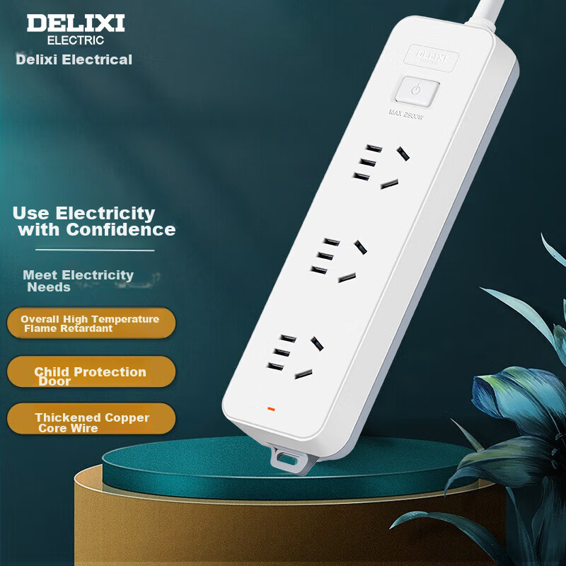 Delixi 3-Outlet Power Strip & Surge Protector