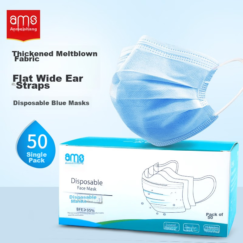 ams Blue Disposable Face Masks, 50 Pcs, Comfortable & Breathable