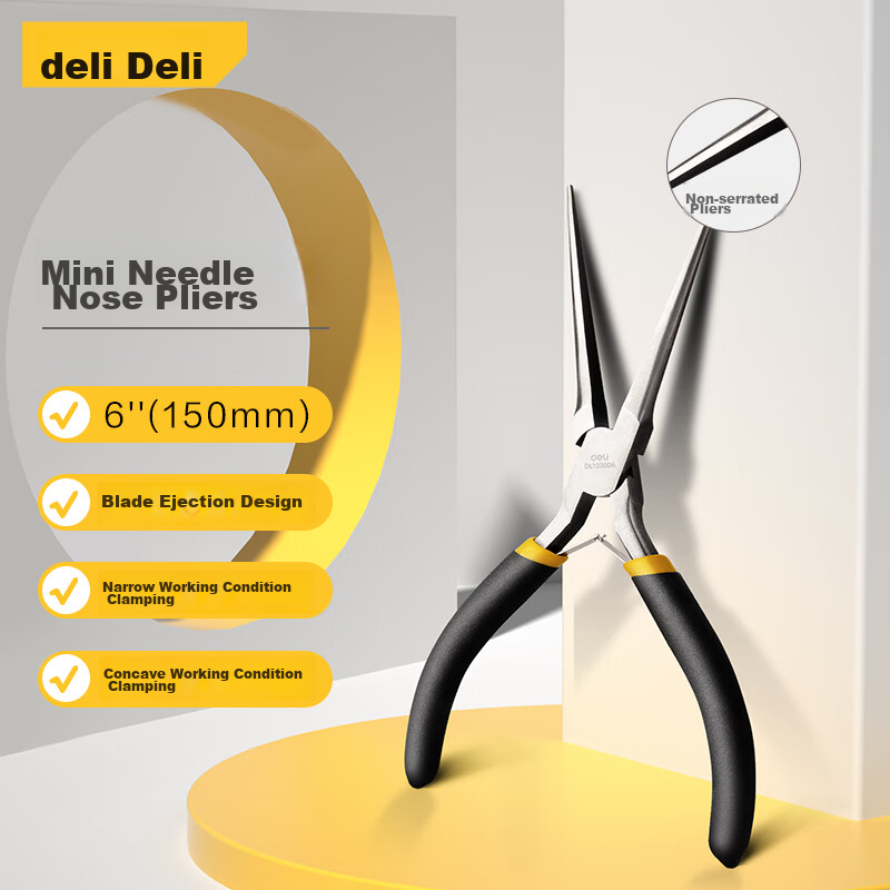Deli Mini Needle-Nose Pliers, High Carbon Steel, PVC Handle, 6 Inches
