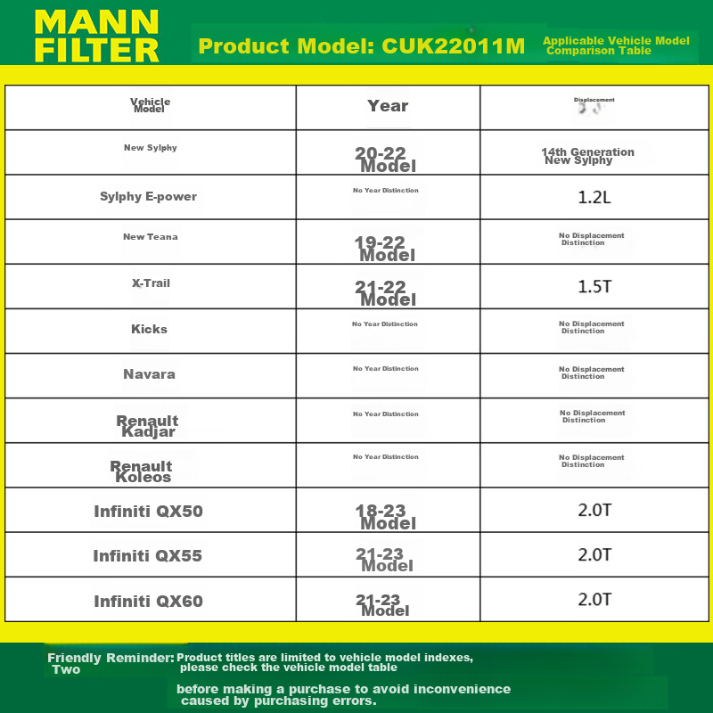 MANNFILTER CUK25016 Air Conditioner Filter for Nissan Teana/Luan