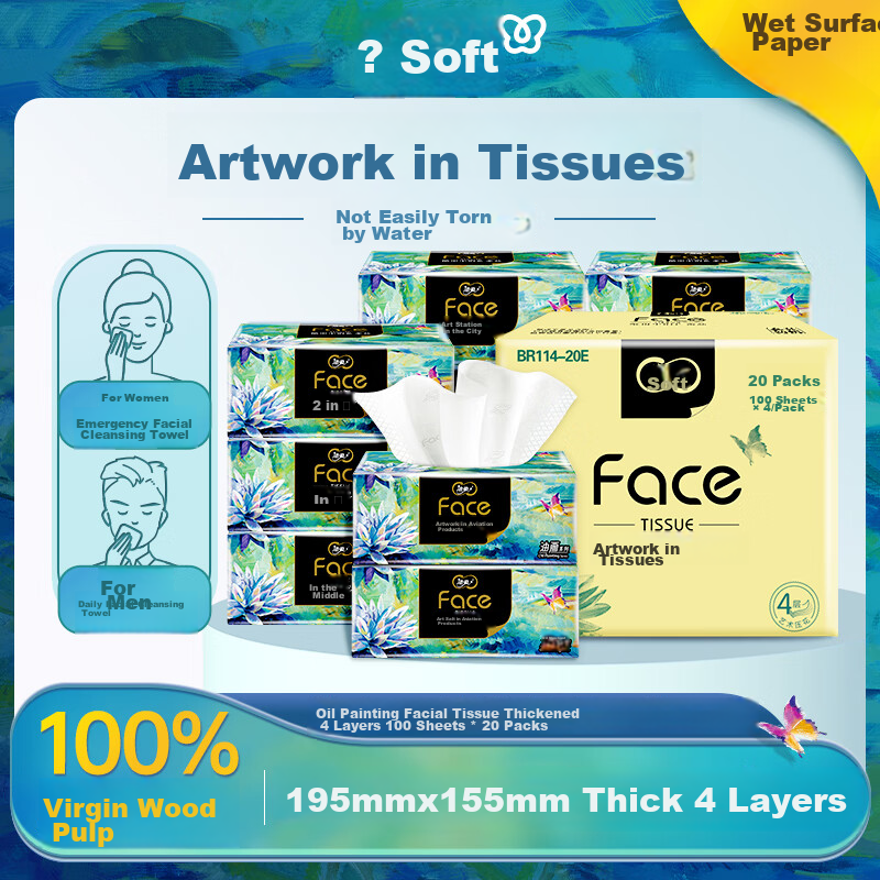 c&s 4-ply facial tissues, 100 sheets, 20 packs, oil painting design