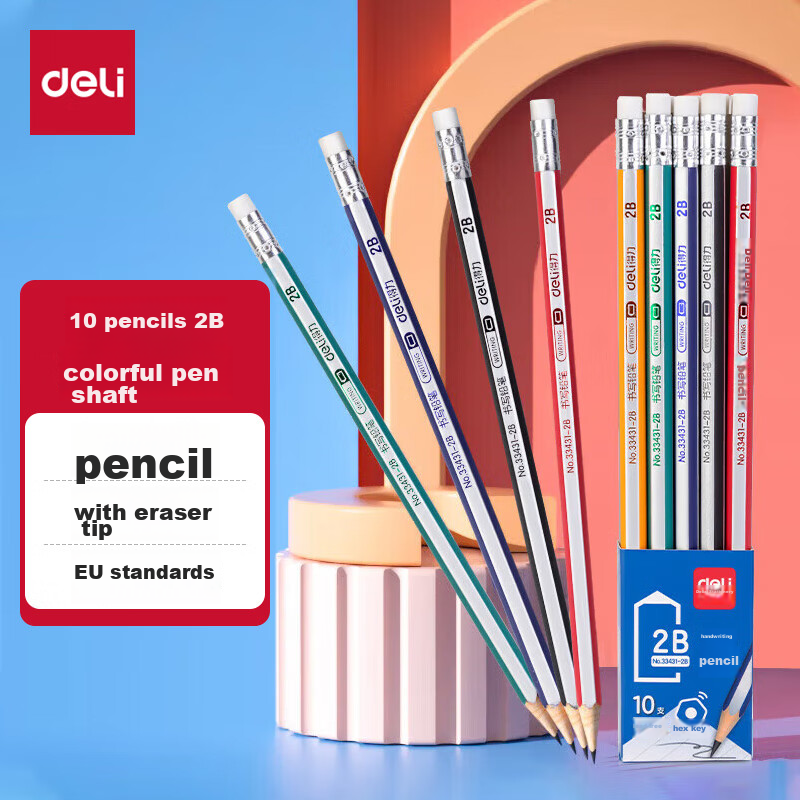 deli 10pc 2b striped wooden hex pencils with eraser
