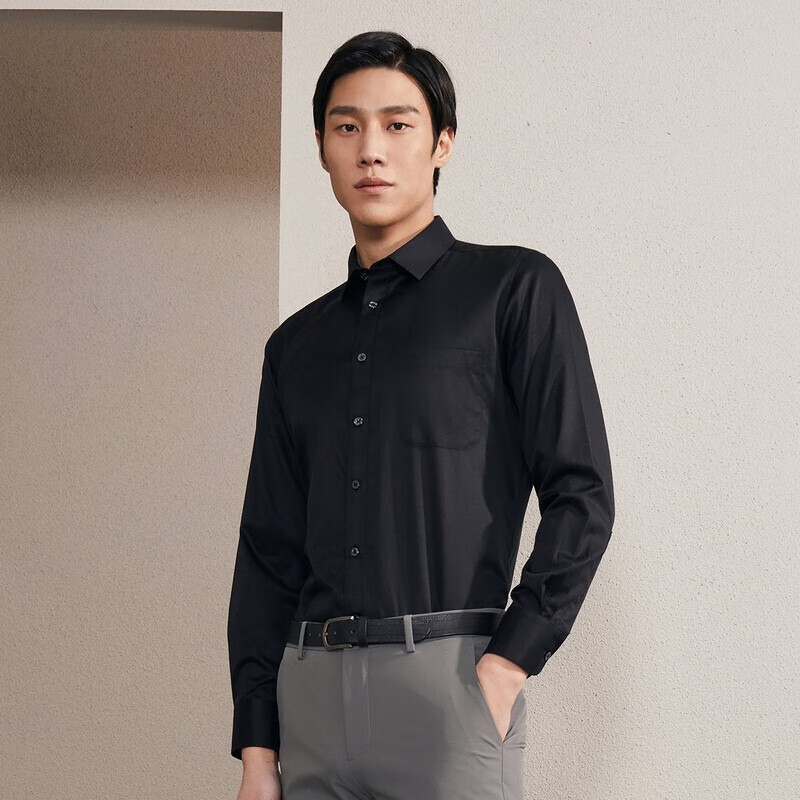 YOUNGOR Men's Long Sleeve Shirt for Youth, Spring 2021 Release, Black, Size 38
