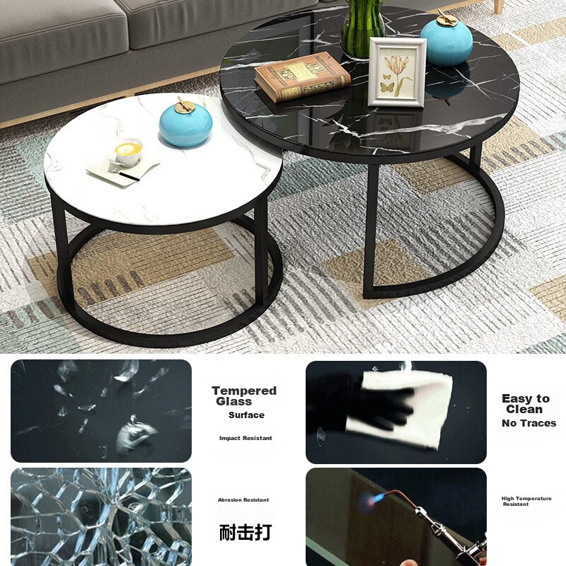 Yameile round glass coffee table in black and white