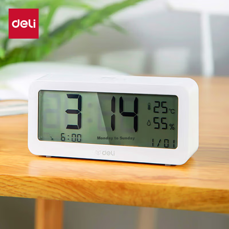 deli multifunctional alarm clock with temp & humidity