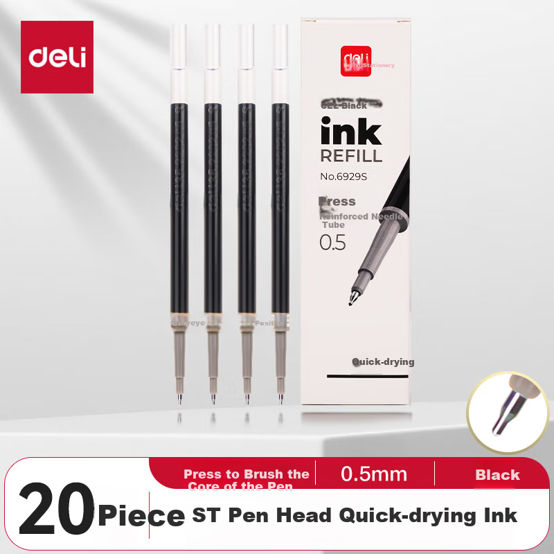 deli quick-drying retractable gel pen refills, 0.5mm needle tip, black, 20 pack